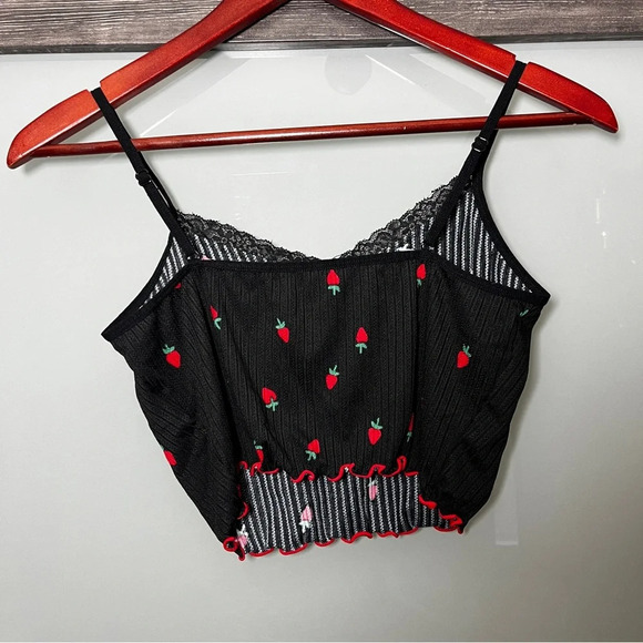 Black & Strawberry Bralette Women's Medium Delicate Lace Comfort Romantic Cute - Picture 3 of 6